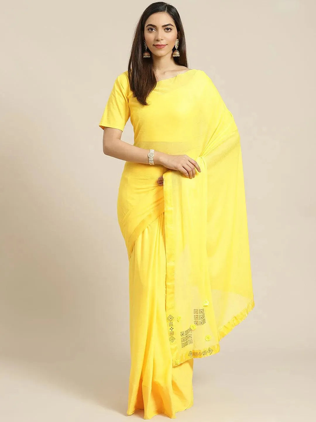 Yellow Solid Polyester Saree - Libas