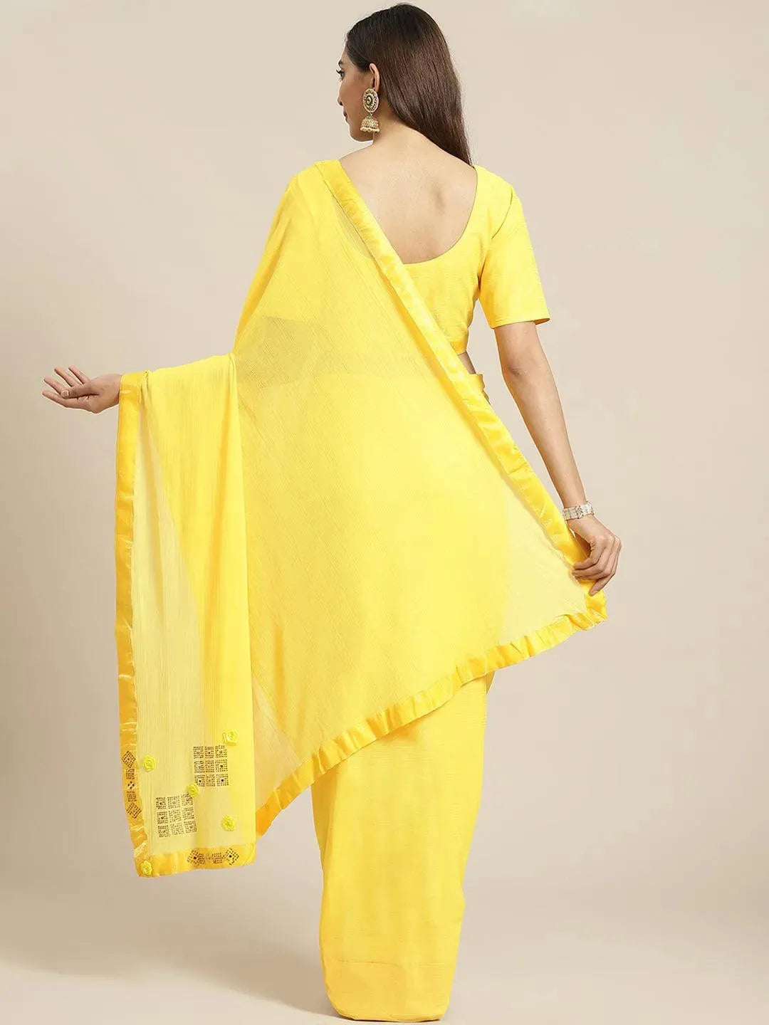 Yellow Solid Polyester Saree - Libas 