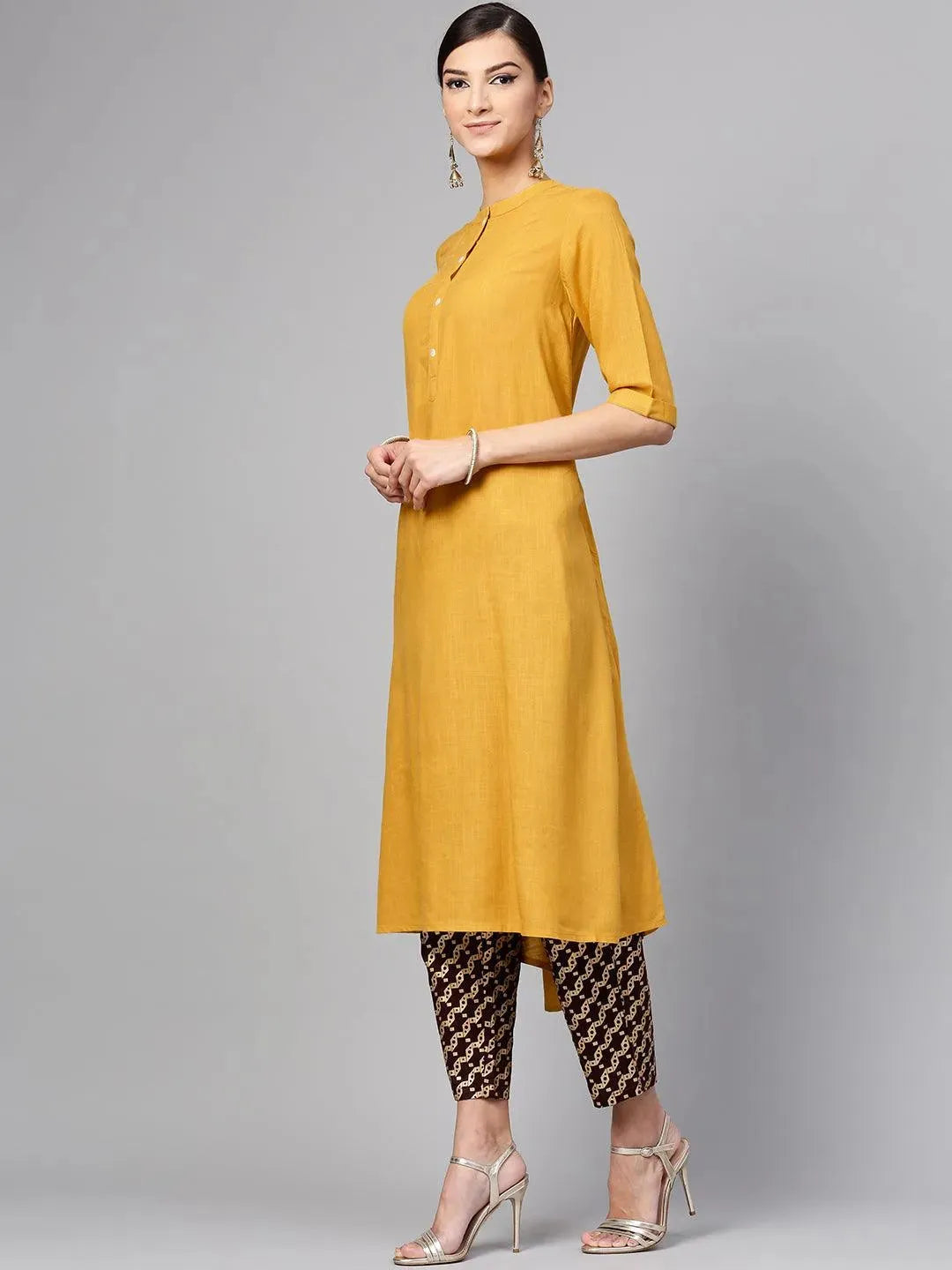 Yellow Solid Rayon Kurta Set - Libas