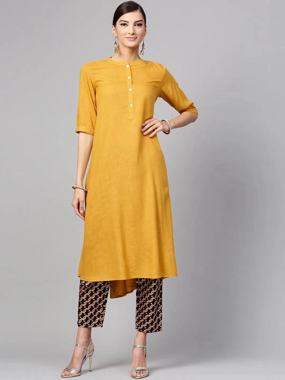 Yellow Solid Rayon Kurta Set - Libas 