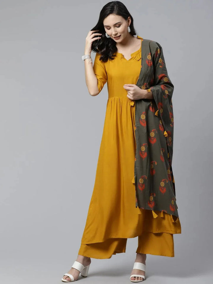 Yellow Solid Rayon Suit Set - Libas