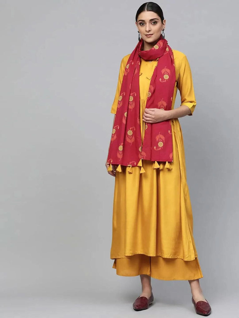Libas Yellow Solid Rayon Anarkali Kurta With Palazzos & Dupatta