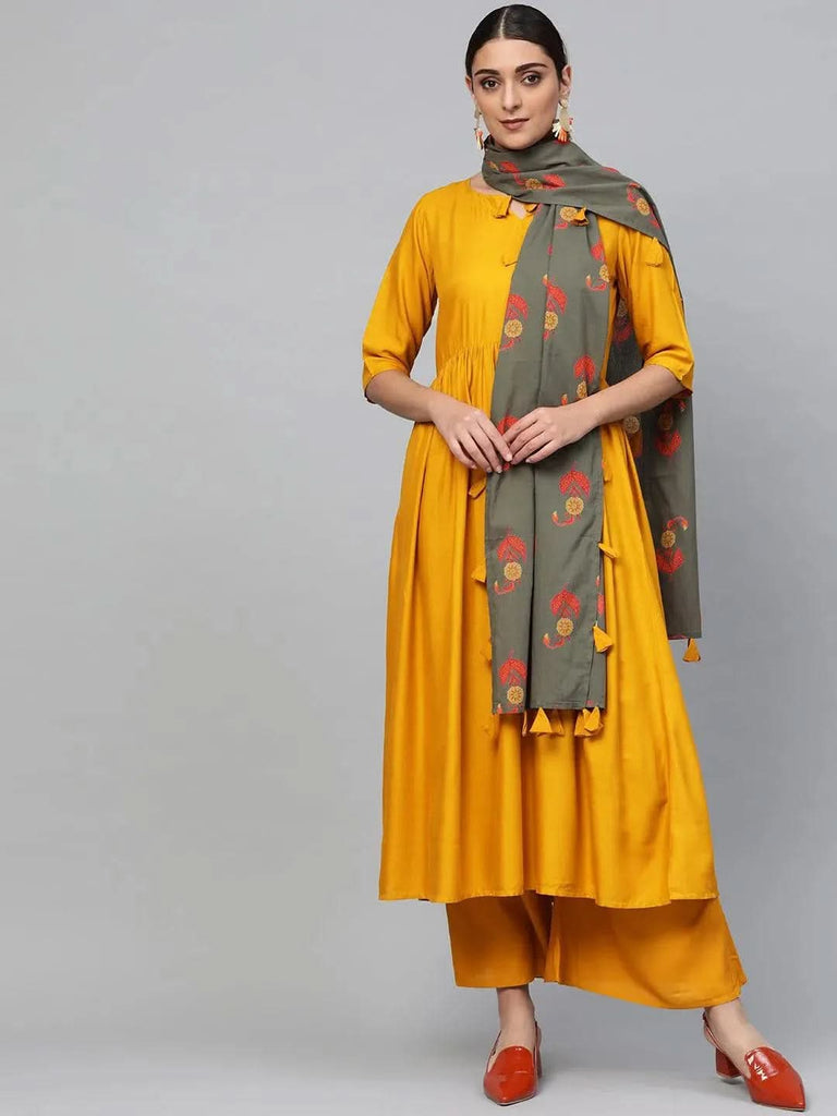 Libas Yellow Solid Rayon Anarkali Kurta With Palazzos & Dupatta