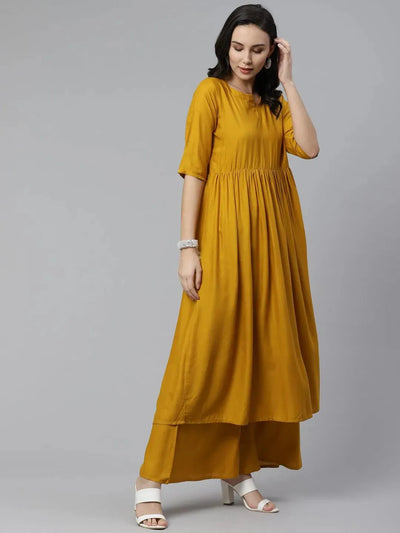 Yellow Solid Rayon Suit Set - Libas