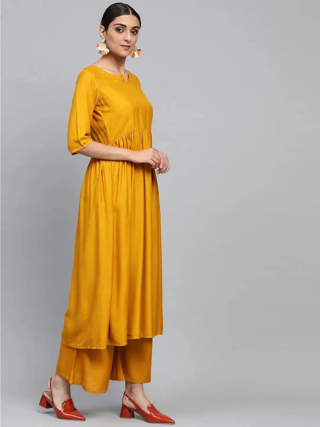 Yellow Solid Rayon Suit Set - Libas 
