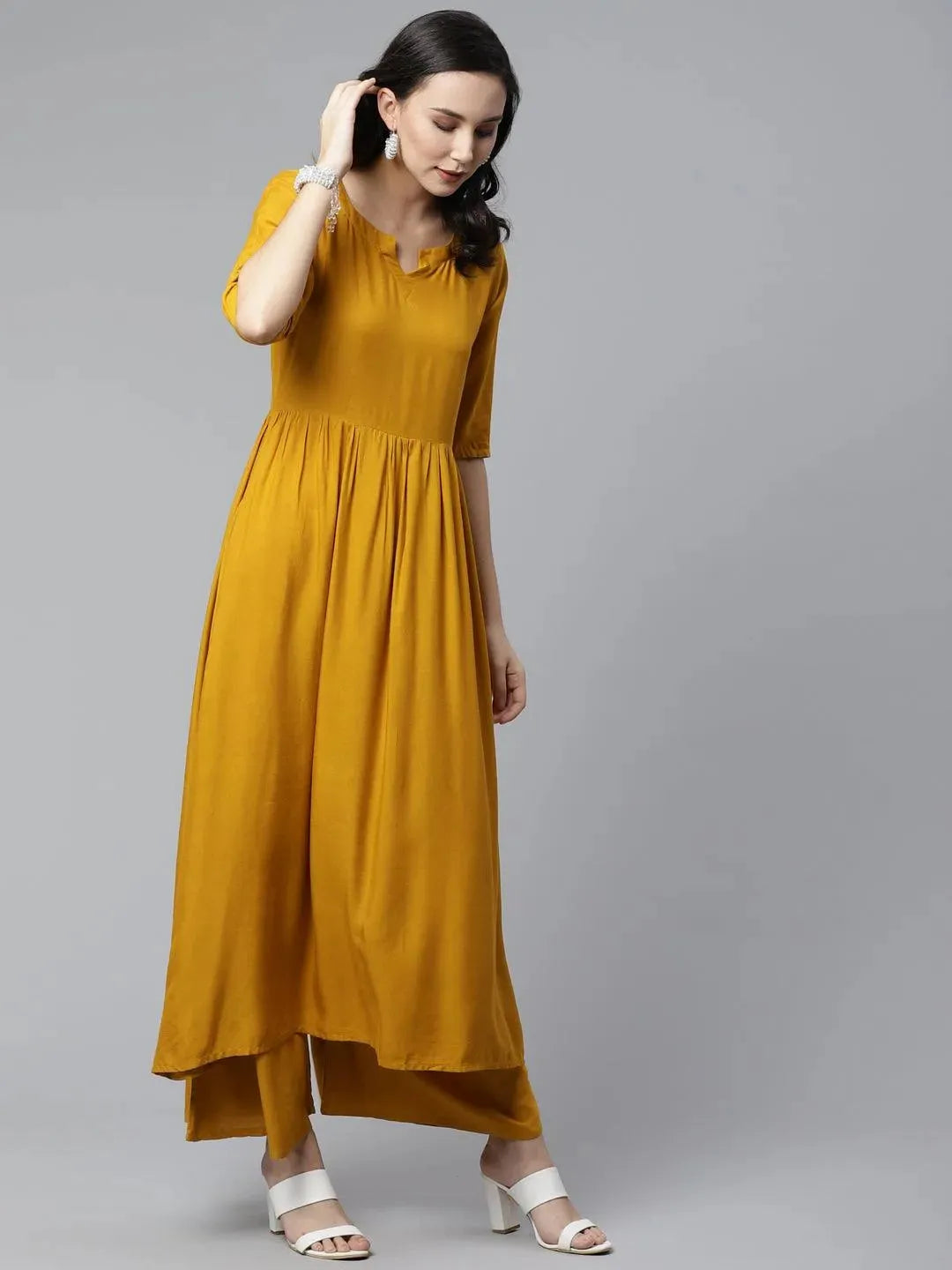 Yellow Solid Rayon Suit Set - Libas 