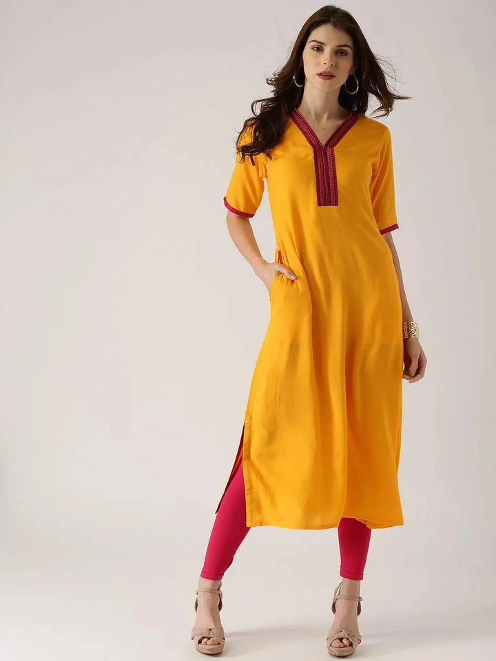 Yellow Solid Rayon Kurta - Libas