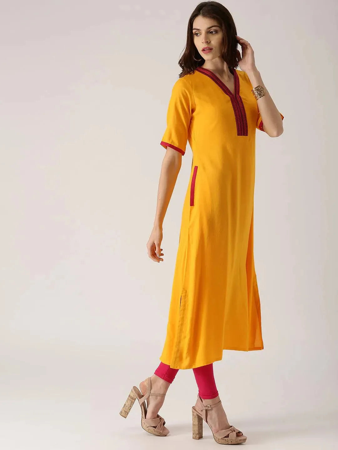 Yellow Solid Rayon Kurta - Libas 