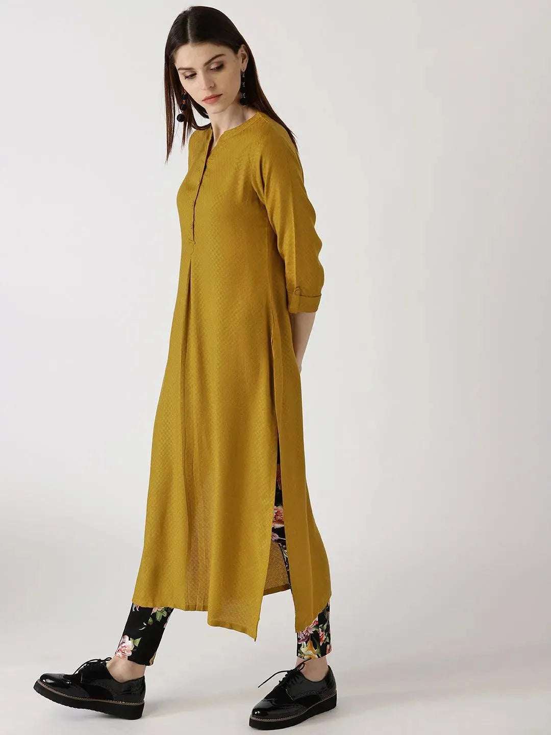 Yellow Solid Rayon Kurta - Libas 