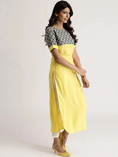 Yellow Solid Rayon Kurta - Libas