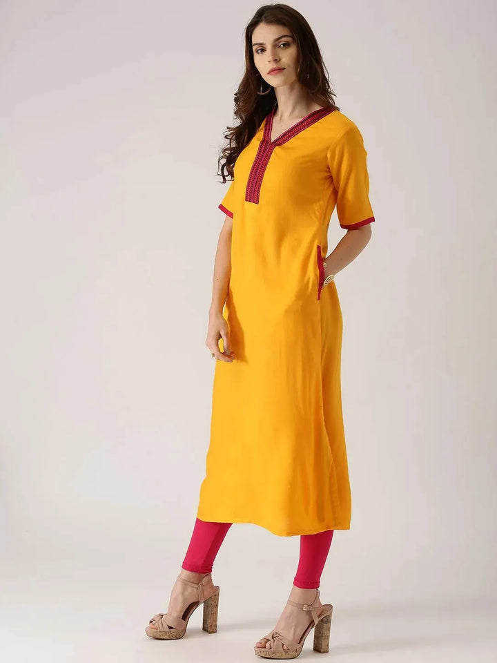 Yellow Solid Rayon Kurta - Libas