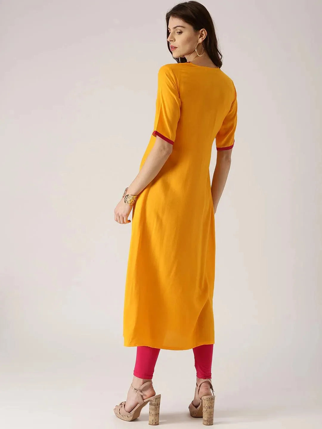 Yellow Solid Rayon Kurta - Libas 