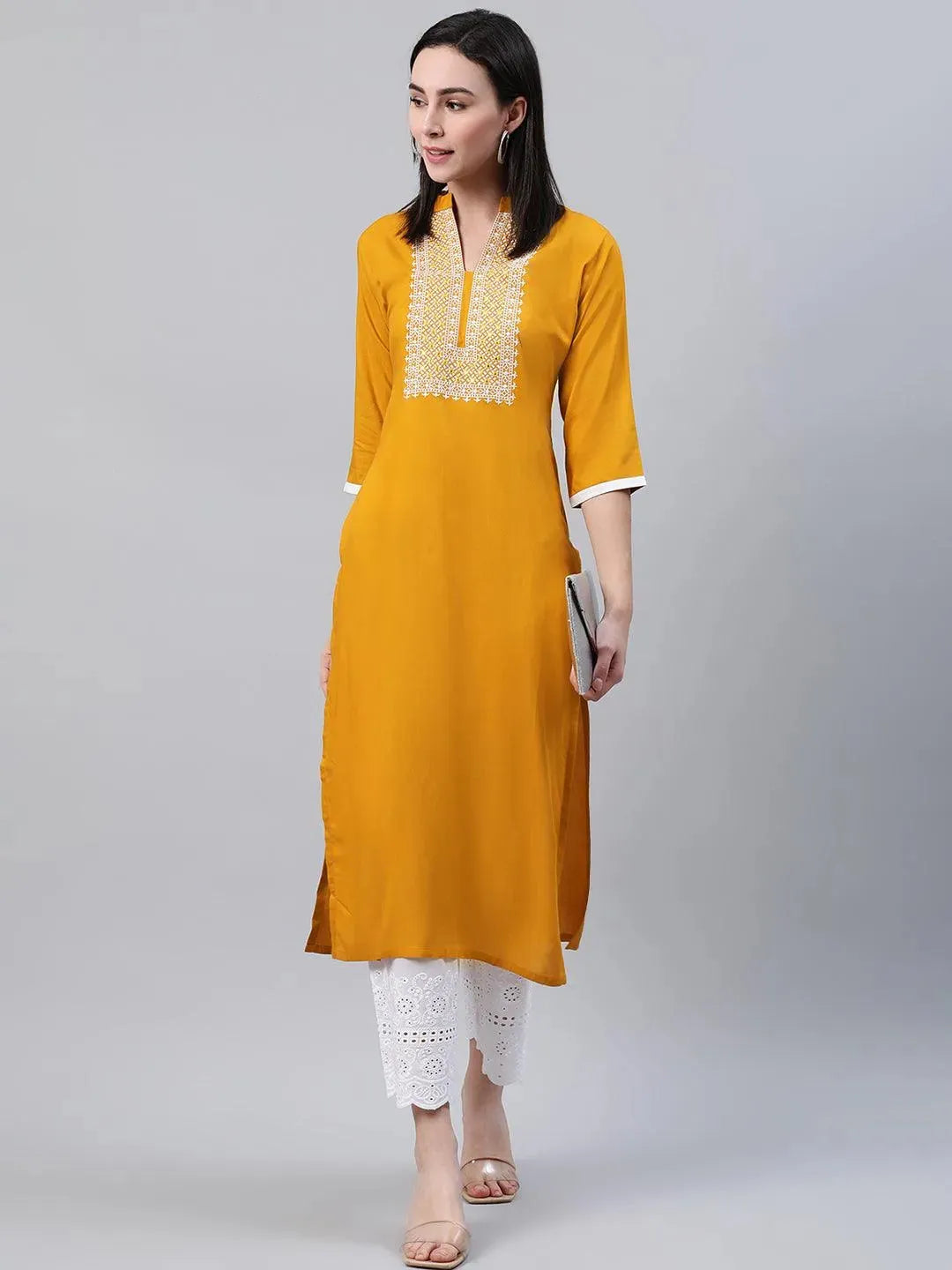 Yellow Solid Rayon Kurta - Libas