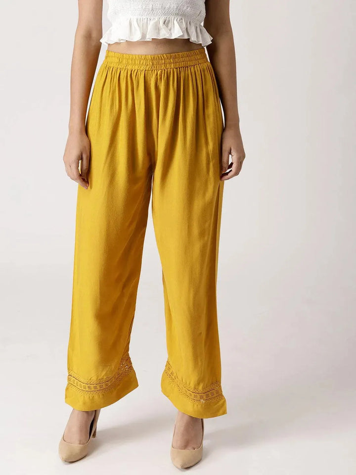 Yellow Solid Rayon Palazzos - Libas