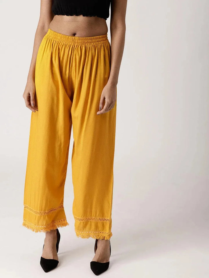 Yellow Solid Rayon Palazzos - Libas