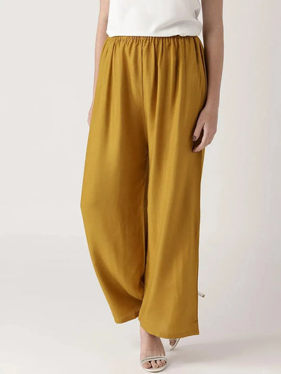 Yellow Solid Rayon Palazzos - Libas