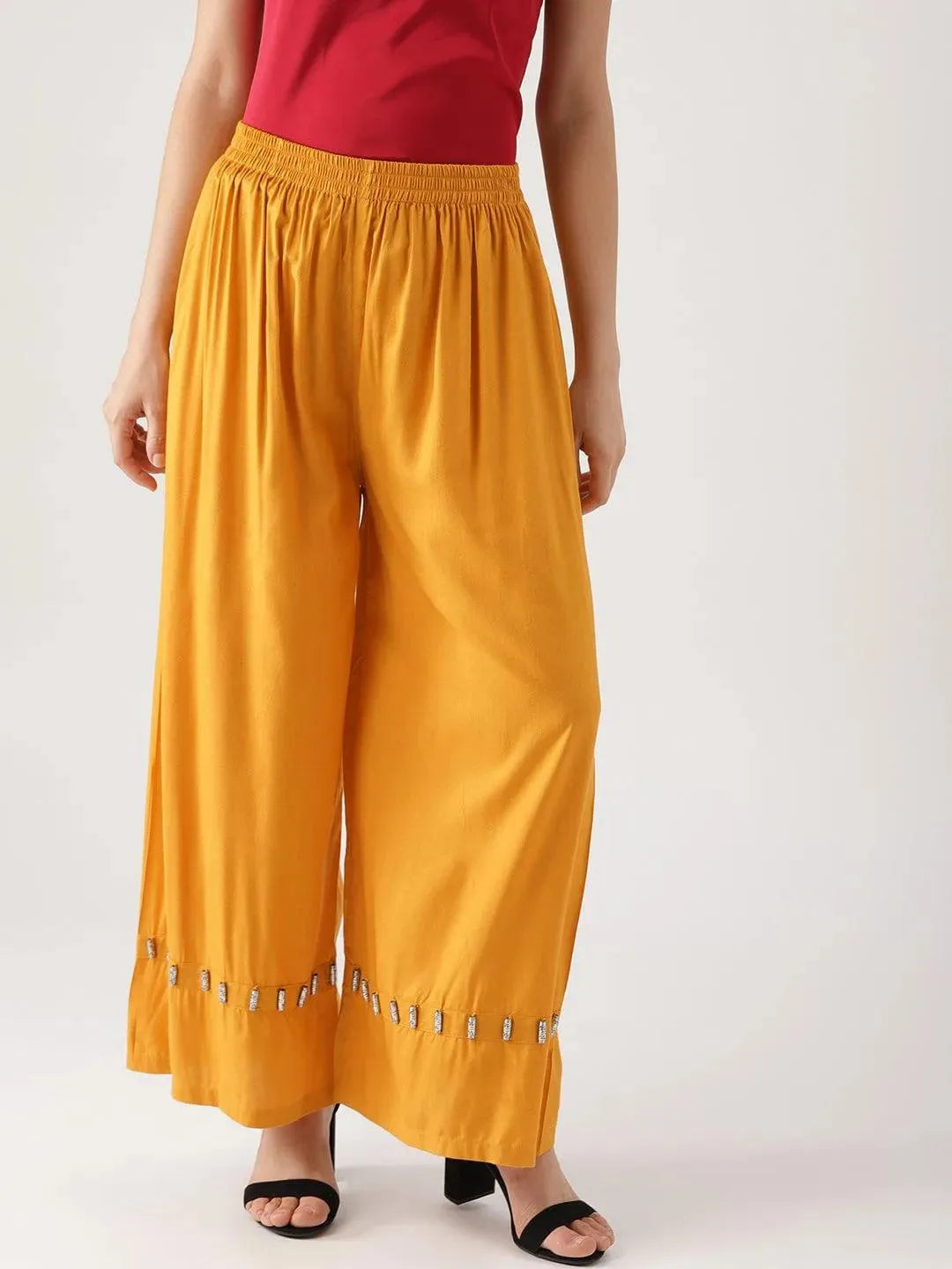 Yellow Solid Rayon Palazzos - Libas