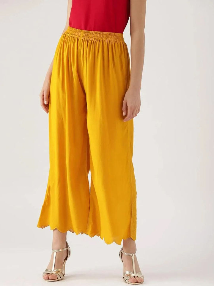 Yellow Solid Rayon Palazzos - Libas