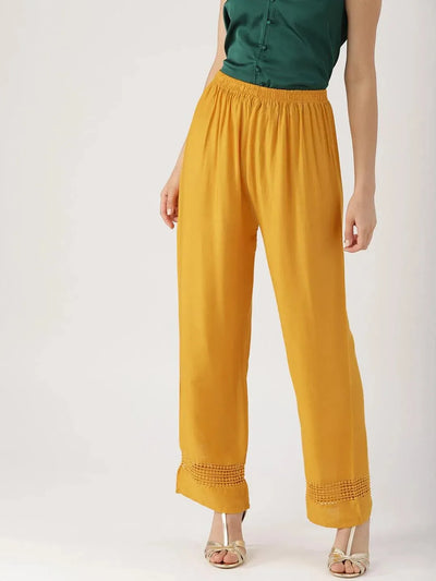 Yellow Solid Rayon Palazzos - Libas