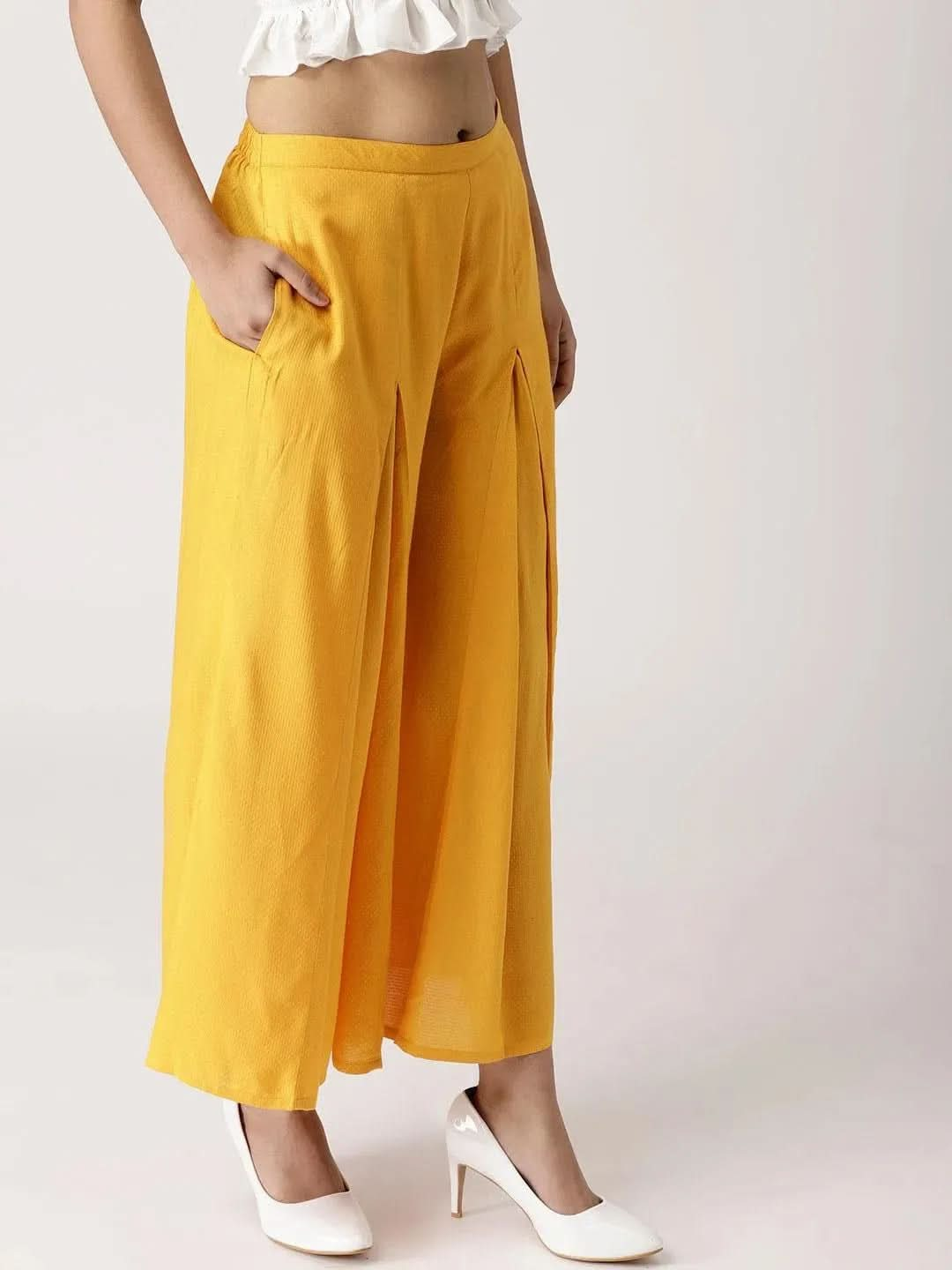 Yellow Solid Rayon Palazzos - Libas