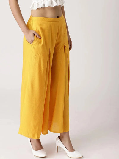 Yellow Solid Rayon Palazzos - Libas