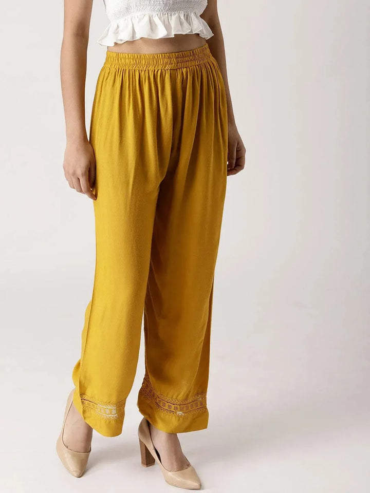 Yellow Solid Rayon Palazzos - Libas