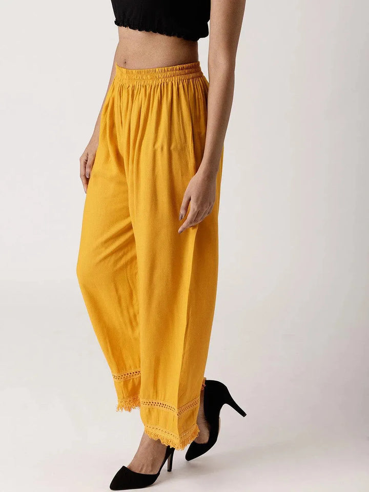 Yellow Solid Rayon Palazzos - Libas