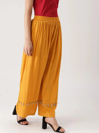 Yellow Solid Rayon Palazzos - Libas