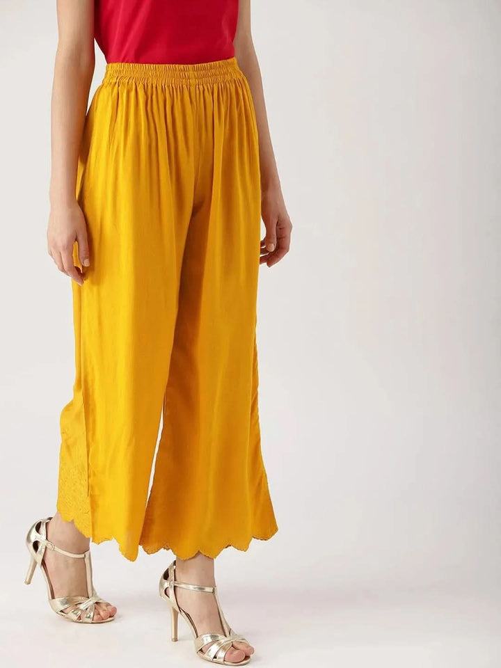 Yellow Solid Rayon Palazzos - Libas