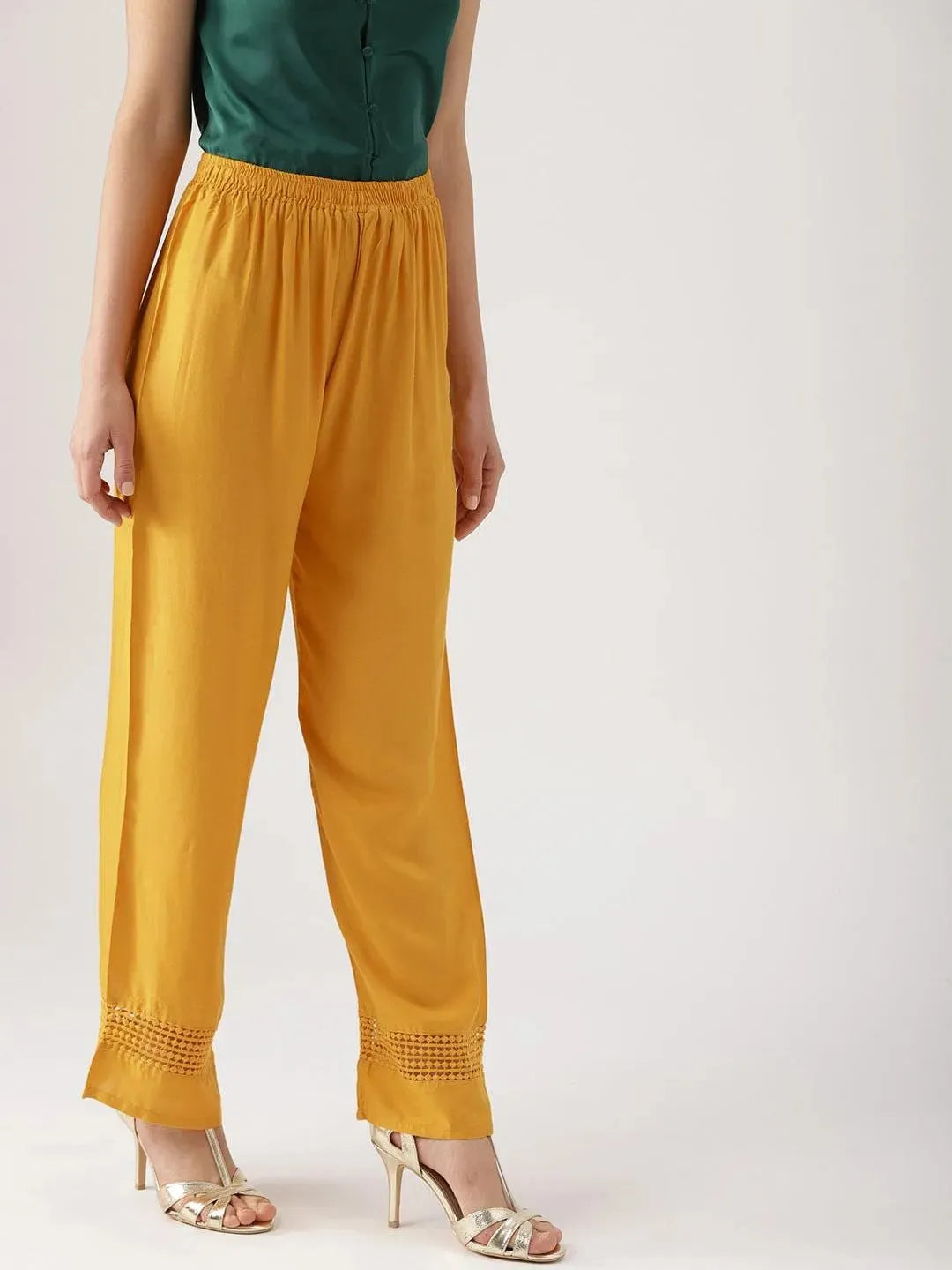 Yellow Solid Rayon Palazzos - Libas