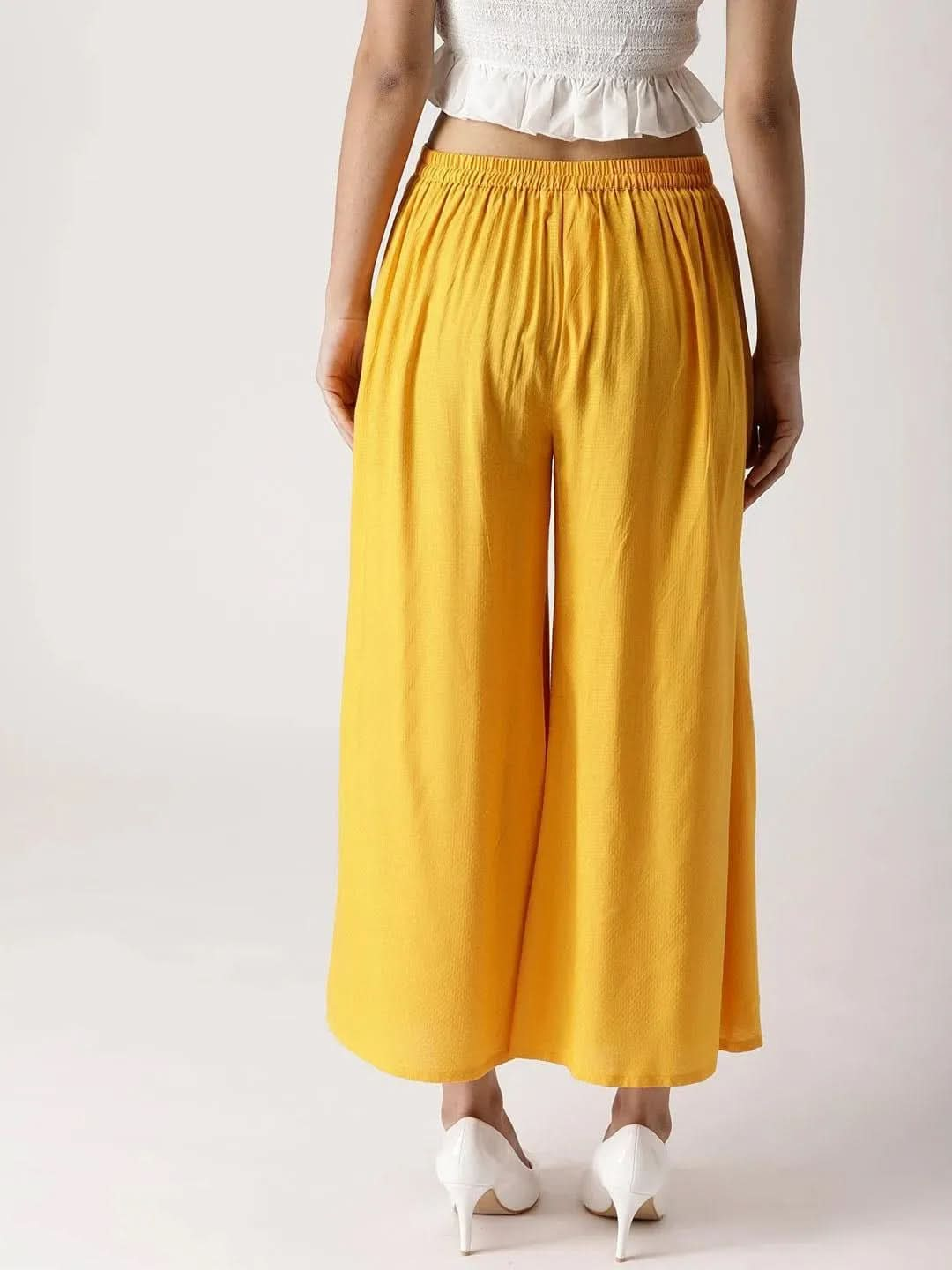 Yellow Solid Rayon Palazzos - Libas