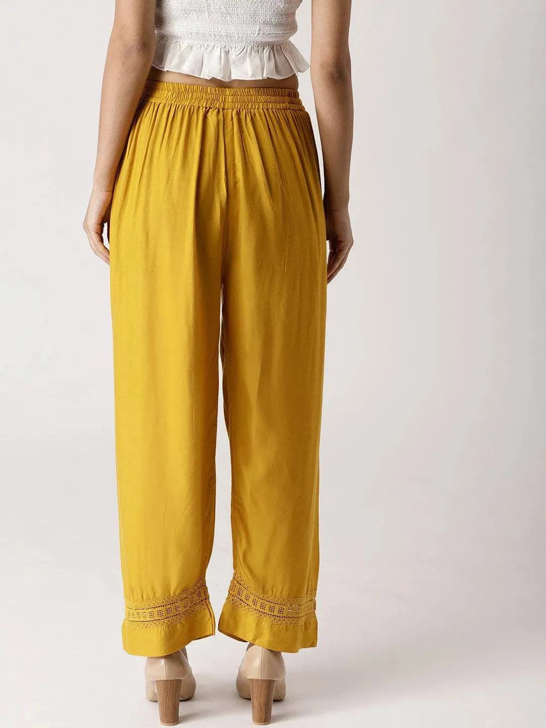 Yellow Solid Rayon Palazzos - Libas 