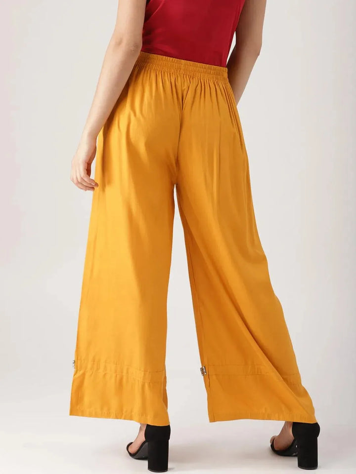Yellow Solid Rayon Palazzos - Libas