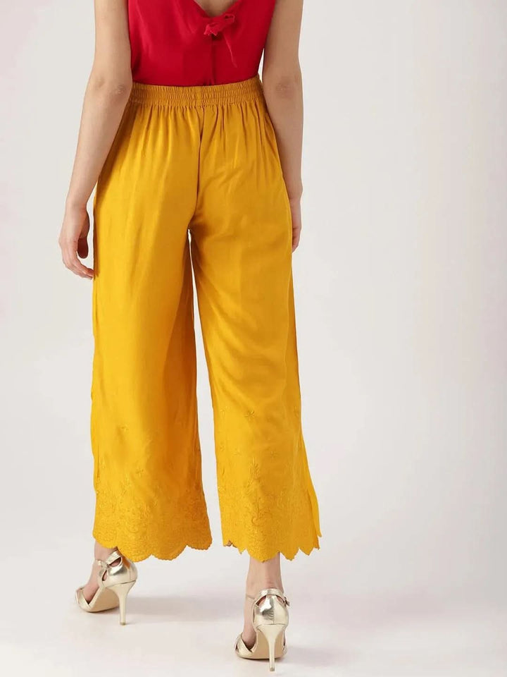 Yellow Solid Rayon Palazzos - Libas