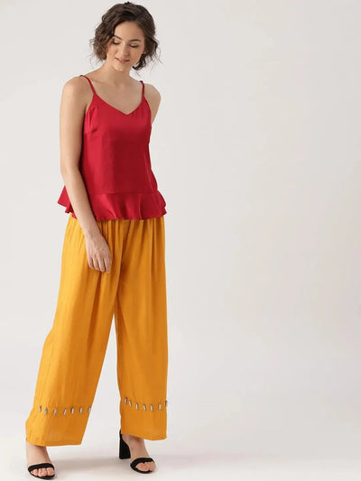 Yellow Solid Rayon Palazzos - Libas