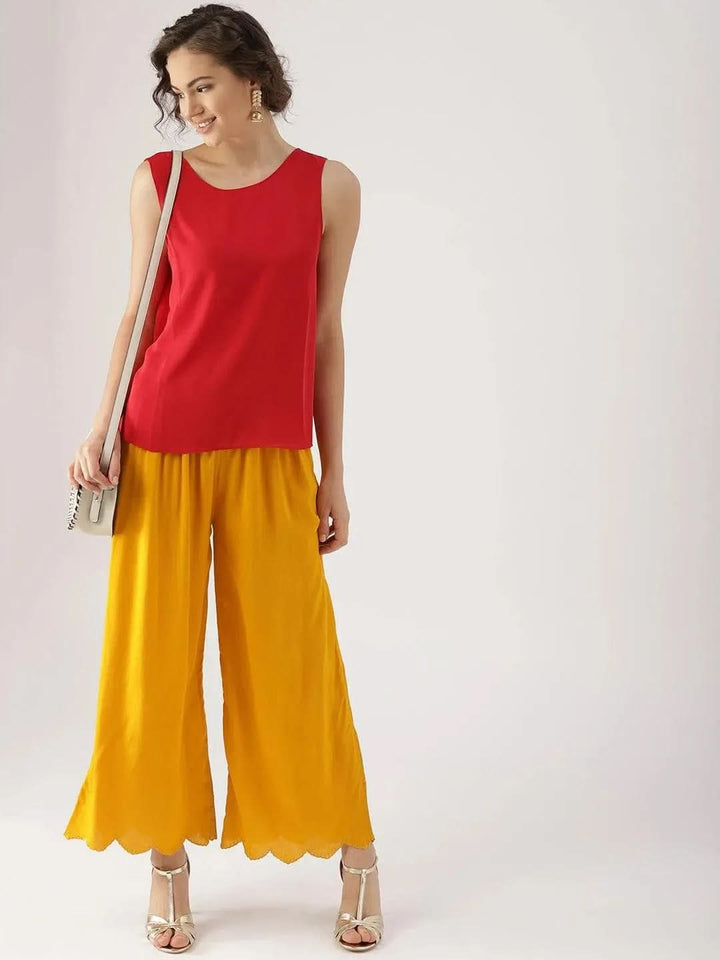 Yellow Solid Rayon Palazzos - Libas