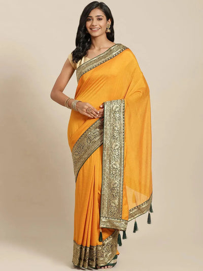 Yellow Solid Silk Blend Saree - Libas