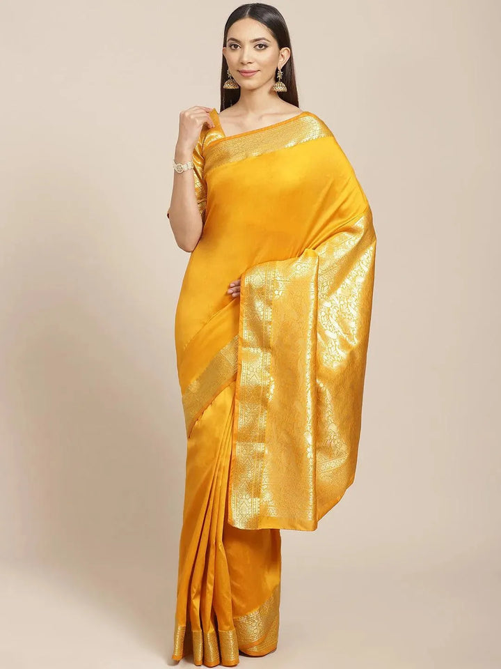 Yellow Solid Silk Blend Saree - Libas