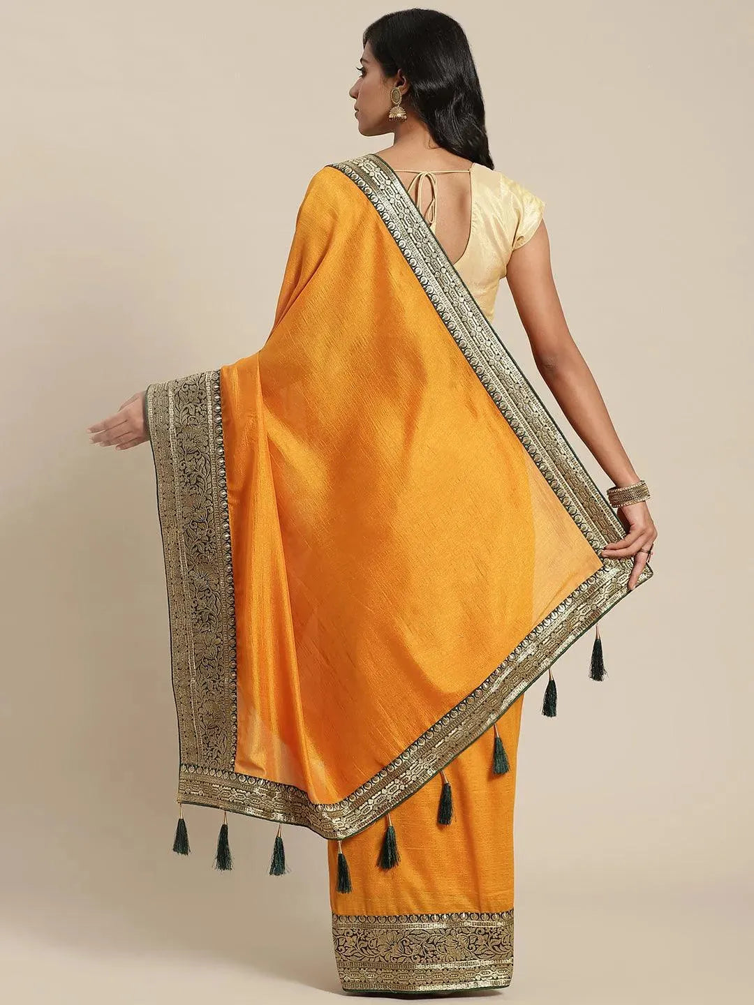 Yellow Solid Silk Blend Saree - Libas