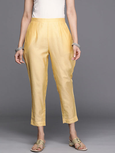 Yellow Solid Silk Trousers - Libas