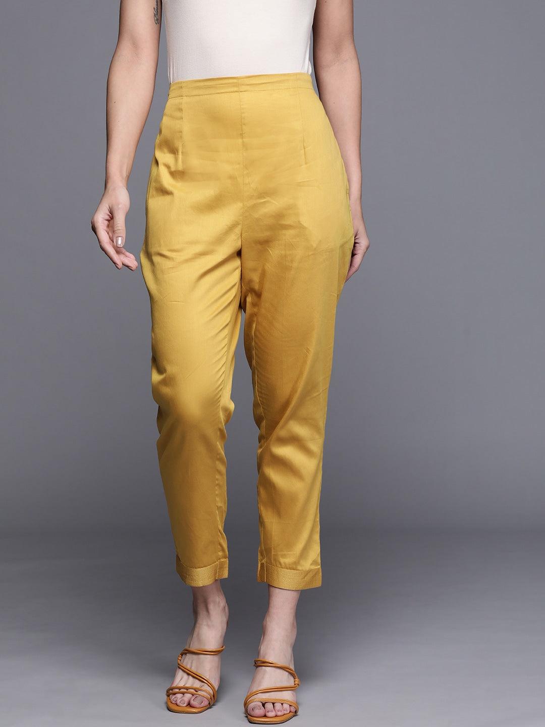 Yellow Solid Silk Trousers
