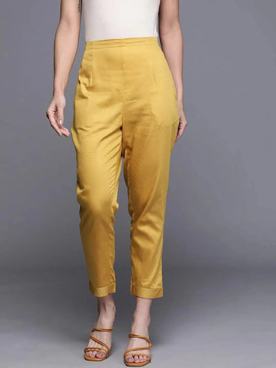 Yellow Solid Silk Trousers - Libas