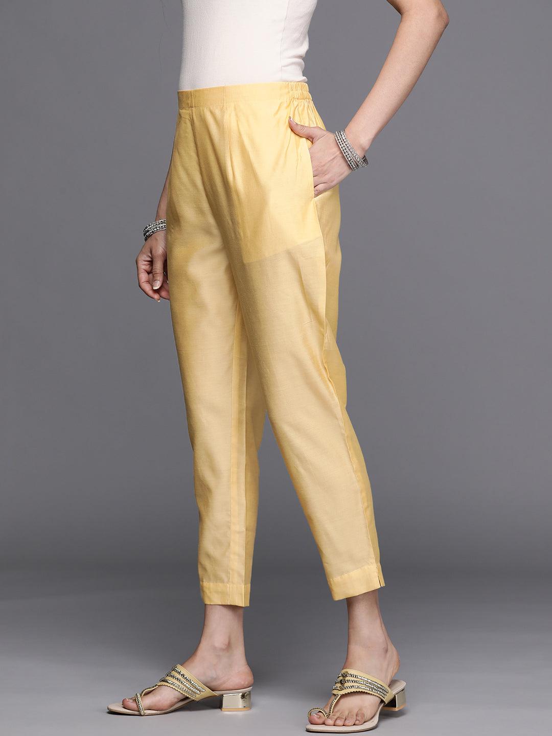 Yellow Solid Silk Trousers - Libas
