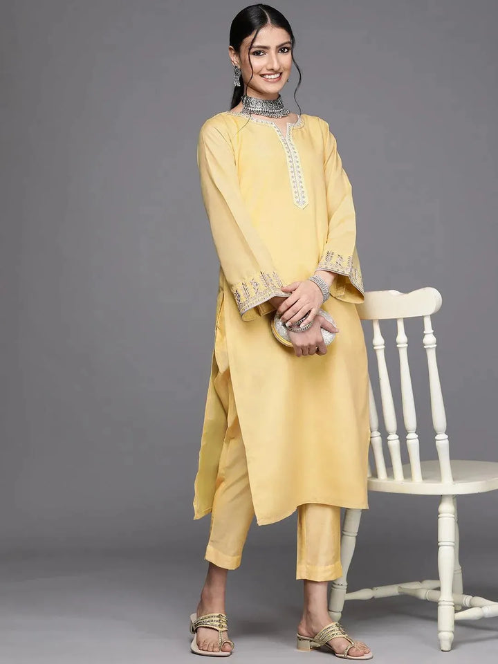 Yellow Solid Silk Trousers - Libas
