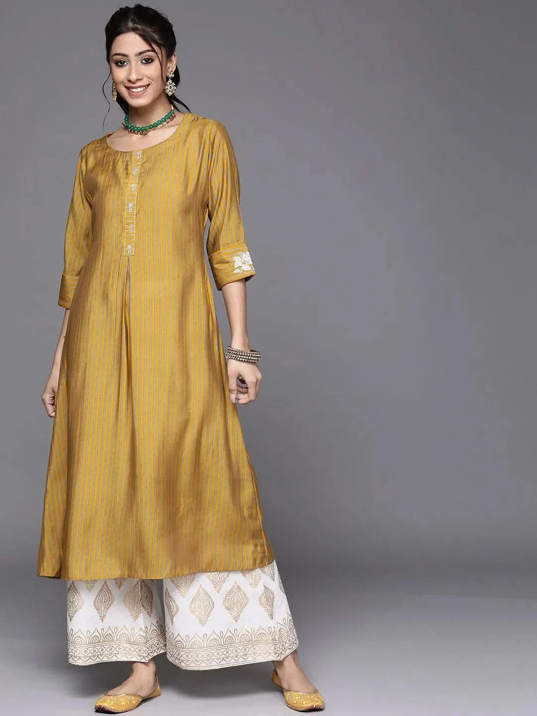 

Buy Yellow Striped Chanderi Silk Kurta - 23112O- | Libas Ethnic Wear Online