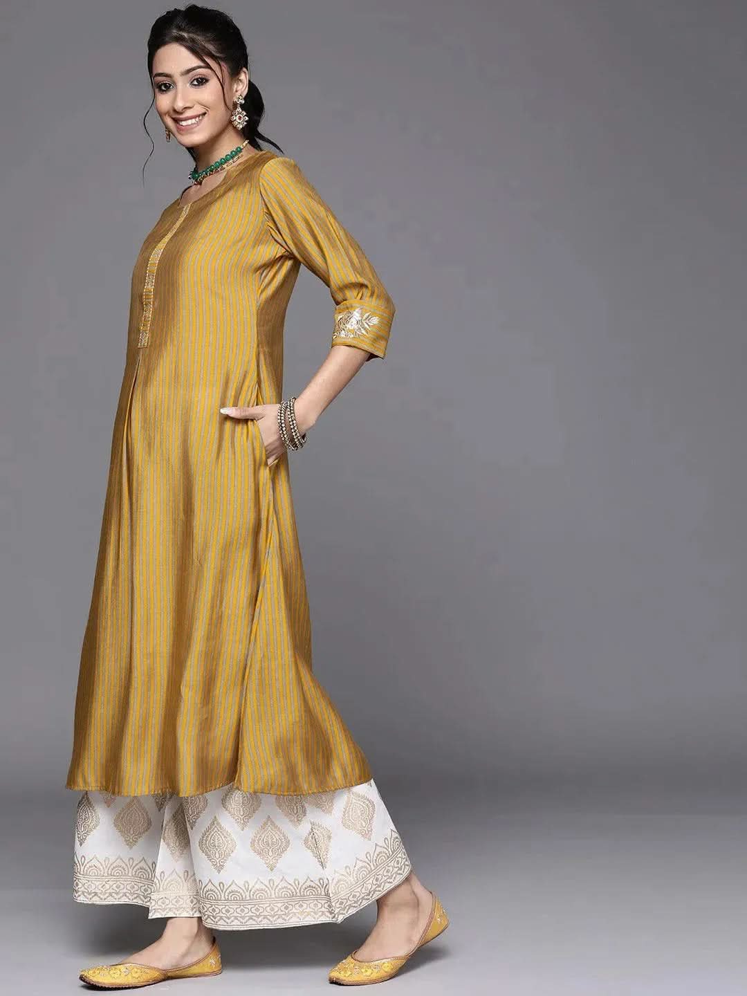 

Buy Yellow Striped Chanderi Silk Kurta - 23112O-XS | Libas Ethnic Wear Online
