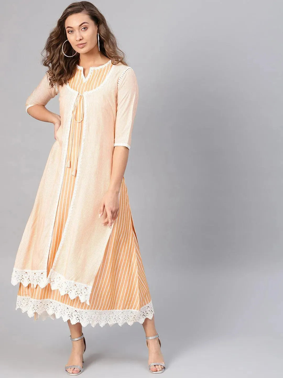 Yellow Striped Cotton Dress With Jacket - Libas