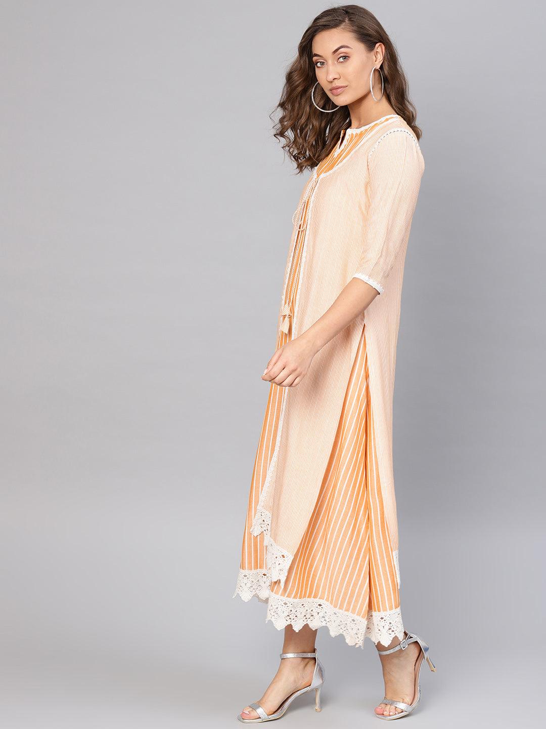 Yellow Striped Cotton Dress With Jacket - Libas