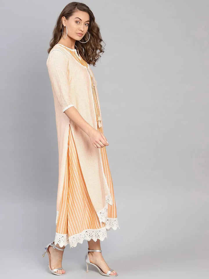Yellow Striped Cotton Dress With Jacket - Libas