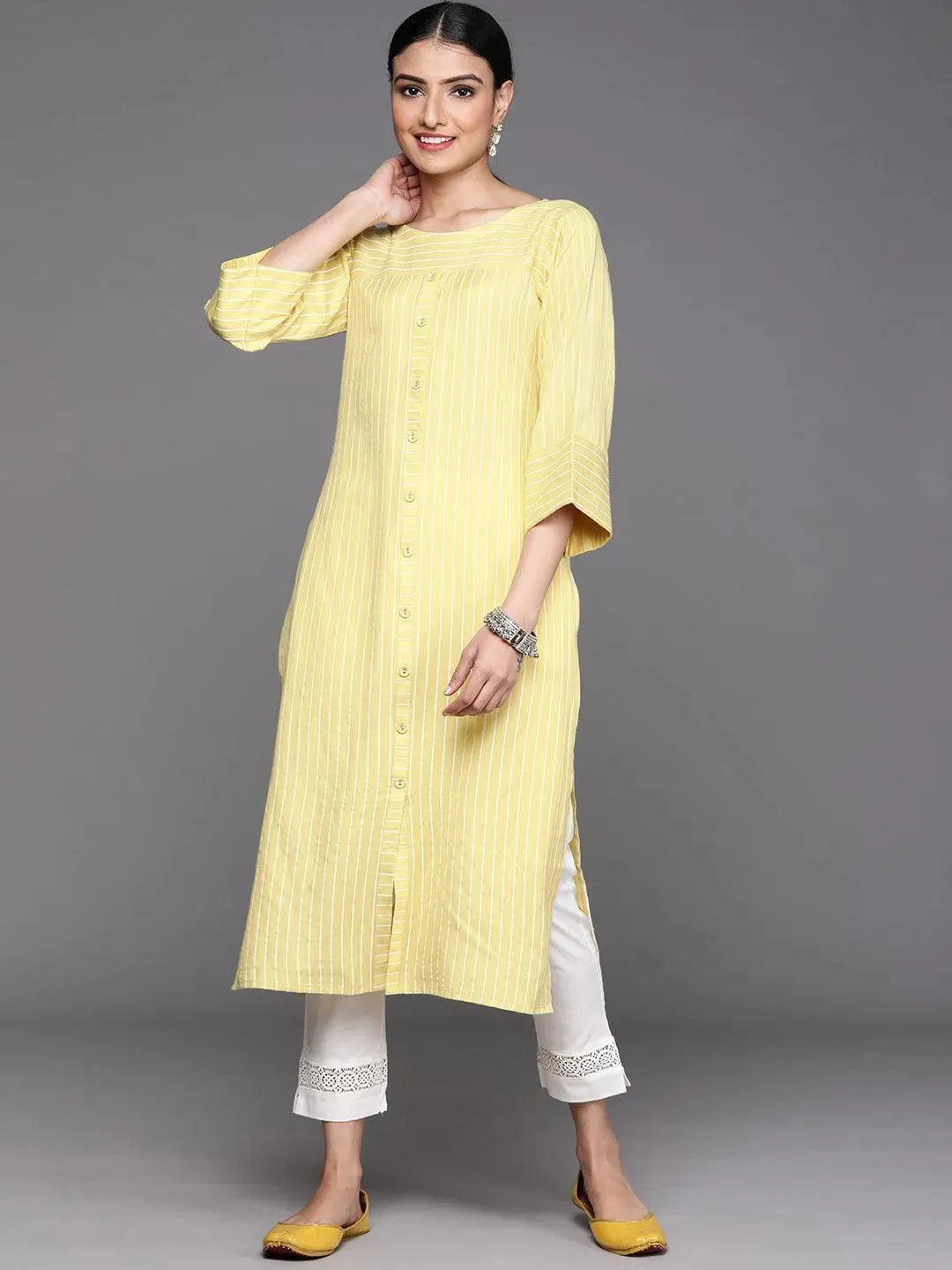 Yellow Striped Cotton Kurta - Libas 